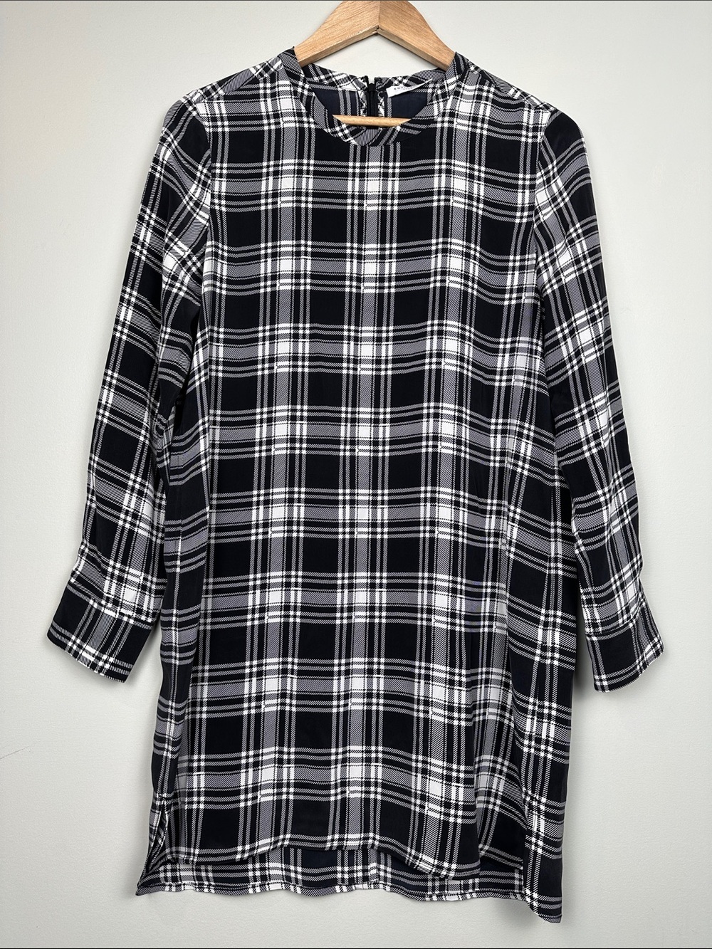 Equipment Silk Dress Long Sleeved Black & White Plaid mini minimalist luxury